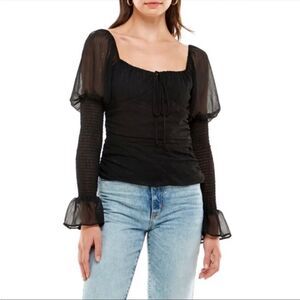 Wayf Chiffon Ruched Puff Ruffle Sleeve Blouse Black Silver Medium Smocked